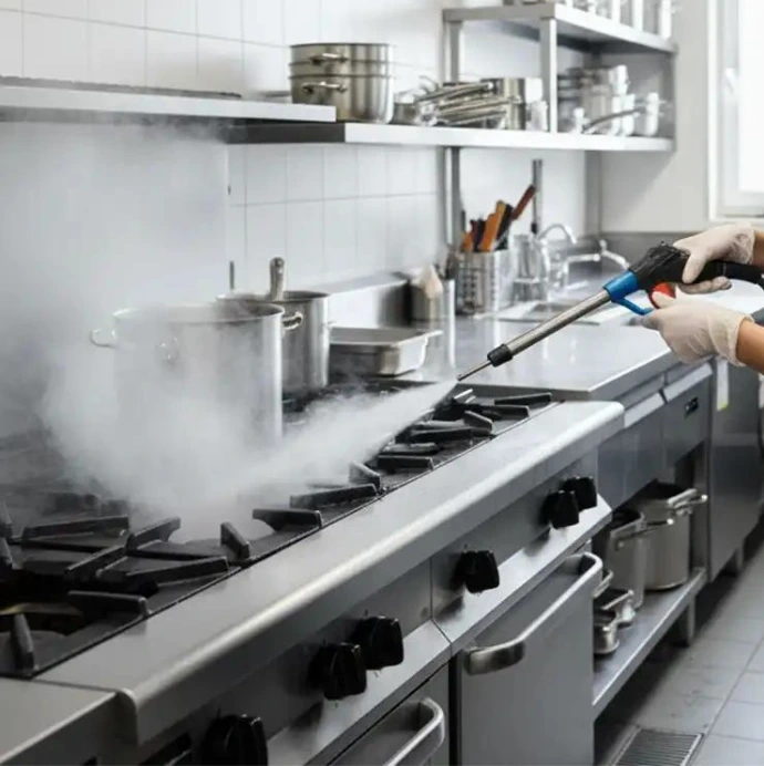 Limpieza de cocinas profesionales de 2, 4 o más fuegos, parrillas, quemadores, bandejas y hornos integrados, prestando especial atención a la grasa acumulada.