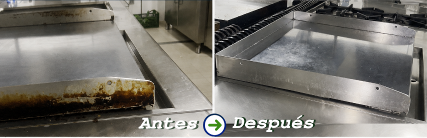 Antes y Después de la limpieza de una plancha de cocina industrial.